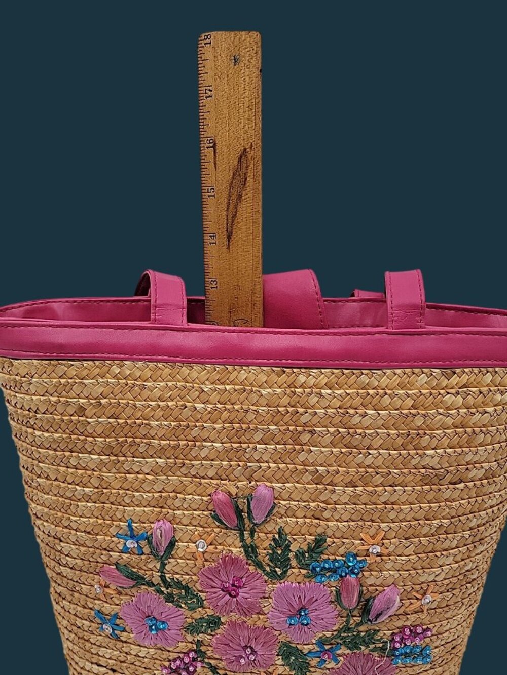 Vintage White Stag Flower Embroidered Straw Tote Bag Fuchsia Trim Y2K Boho - Picture 7 of 10